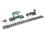An exploded view of LEGO City 60423 Downtown Streetcar showing a train station, platform, and long tracks with white arrows.