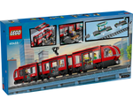 Back of LEGO City 60423 Downtown Streetcar box showing the red streetcar with minifigures on tracks and feature close-ups.