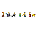 Diverse LEGO City minifigures: a waiter, a person in a wheelchair, a ticket seller, a child, and a man with a guide dog.