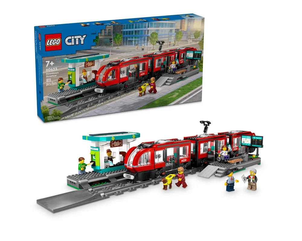 The LEGO City 60423 Downtown Streetcar set includes a red streetcar, station, tracks, and minifigures, plus the box.
