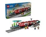 The LEGO City 60423 Downtown Streetcar set includes a red streetcar, station, tracks, and minifigures, plus the box.