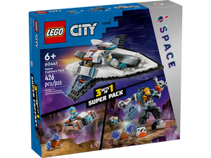 LEGO City 60441 Space Explorers Pack box showing a spaceship, hovercraft, and mech with minifigures on a space landscape.