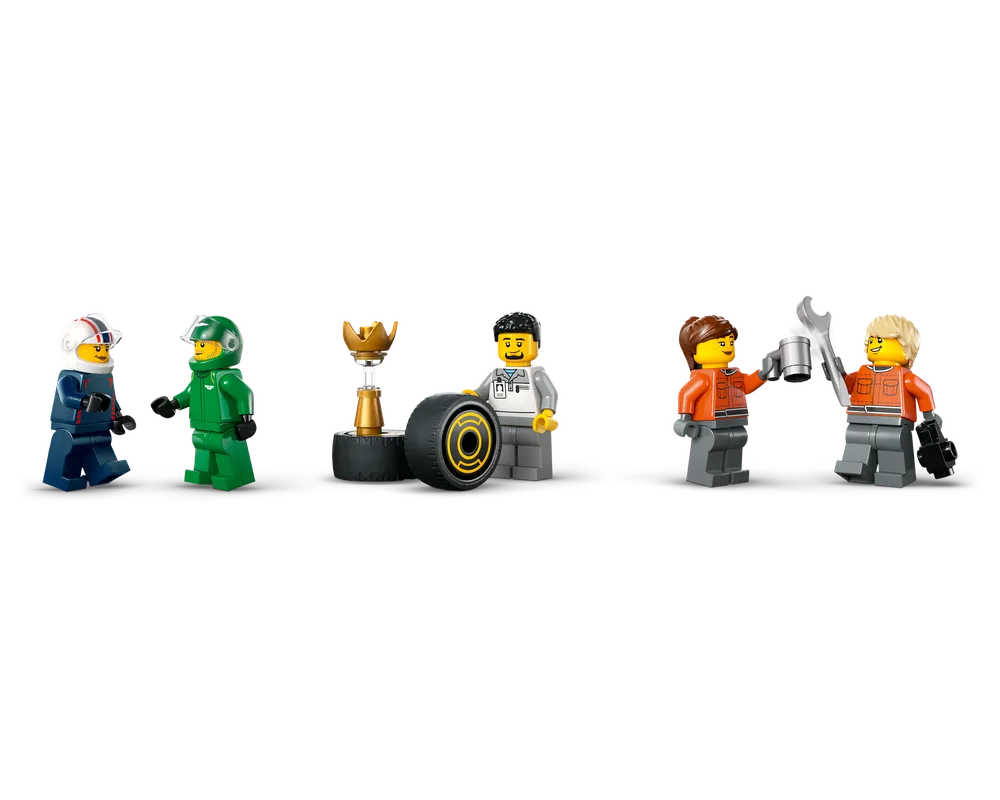 LEGO minifigures: two race drivers, a mechanic with a tire and trophy, and two mechanics toasting with a wrench and mug.