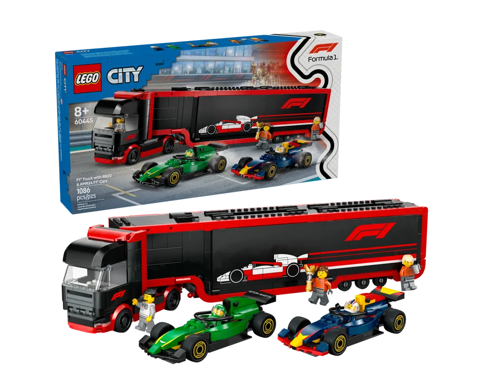 LEGO City 60445 F1 Truck with RB20 & AMR24 F1 Cars, featuring a red truck, green and blue race cars, and minifigures.