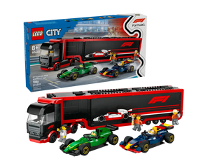 LEGO City 60445 F1 Truck with RB20 & AMR24 F1 Cars, featuring a red truck, green and blue race cars, and minifigures.