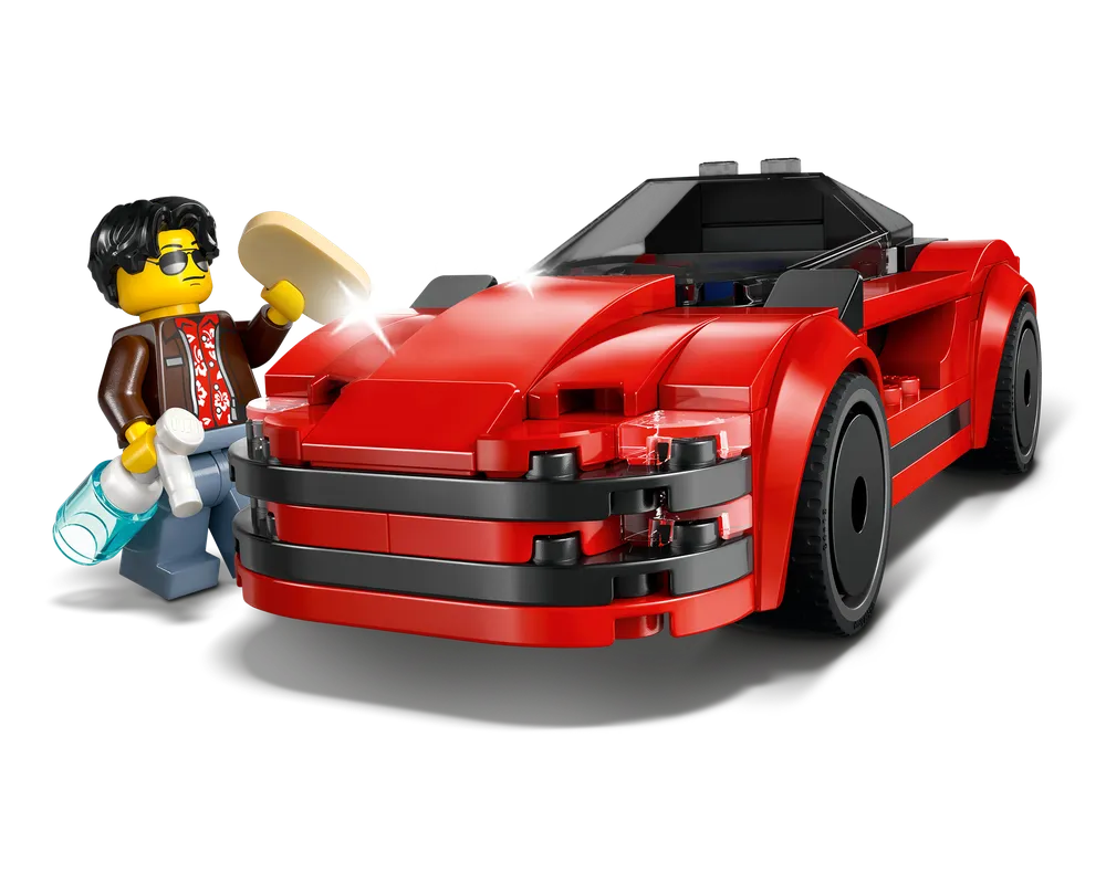 LEGO minifigure with sunglasses and Hawaiian shirt cleaning a shiny red sports car with a sponge and spray bottle.