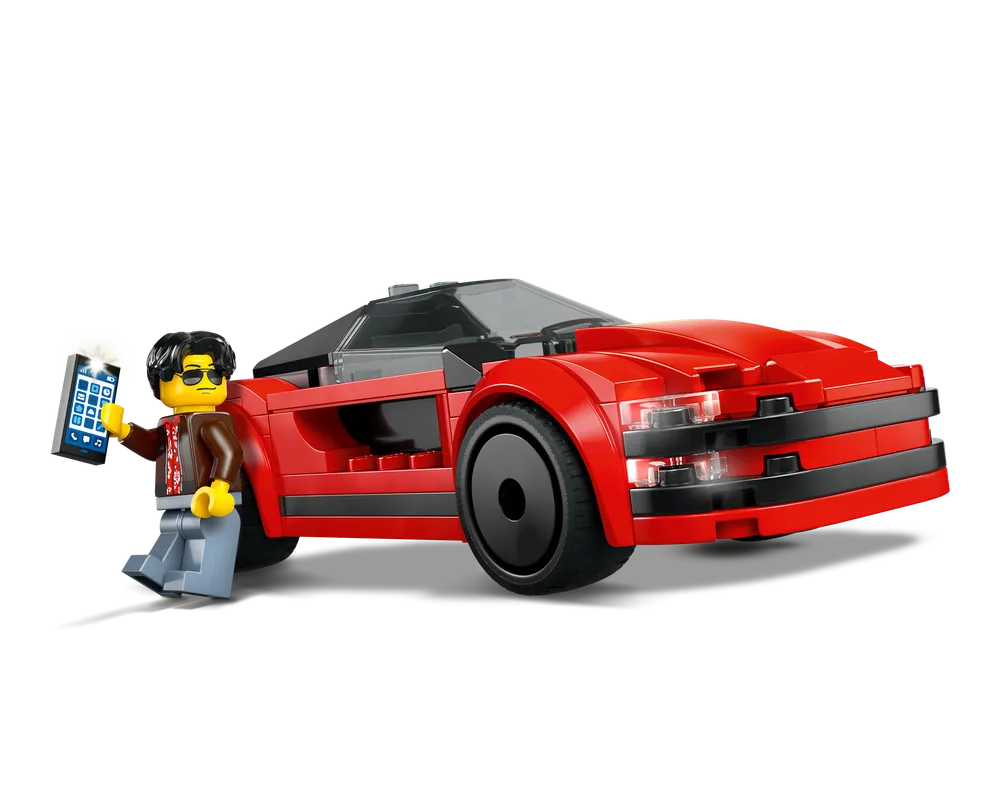 A red LEGO sports car and a minifigure with sunglasses holding a smartphone, standing on a white background.