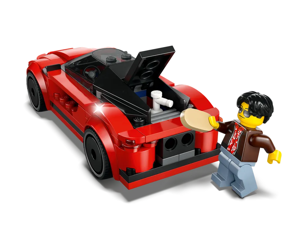 LEGO City 60448 red sports car with open engine cover, next to a minifigure holding a tan tile.