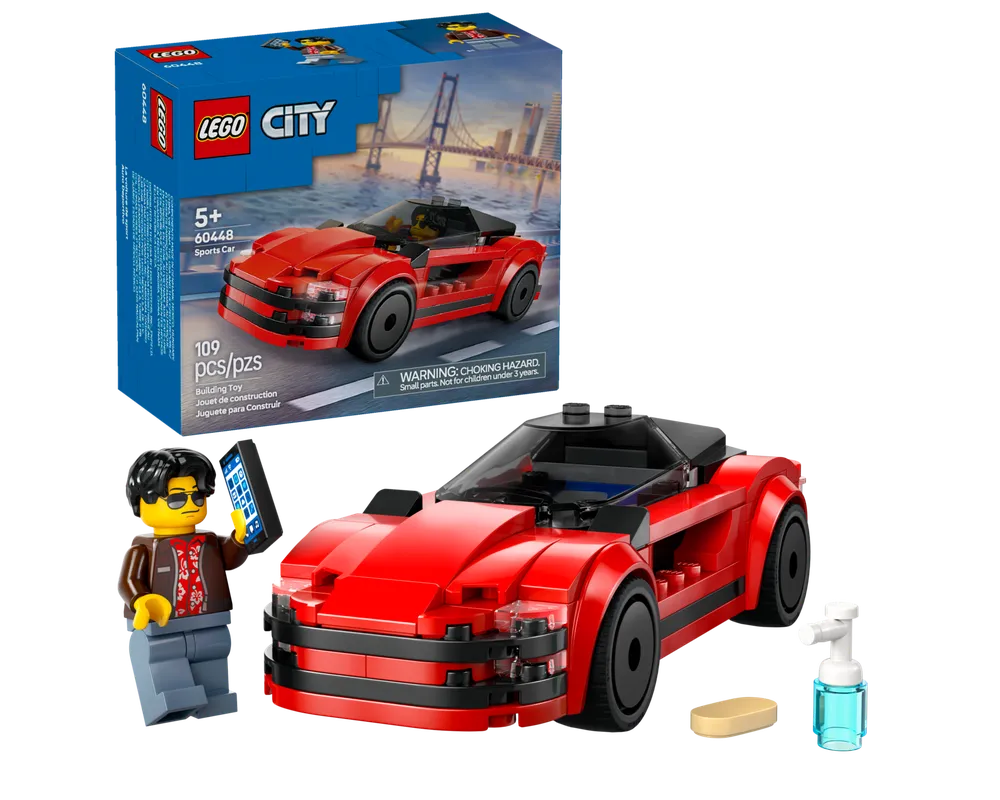LEGO City 60448 Sports Car set with red sports car, minifigure holding phone, sponge, spray bottle, and product box.
