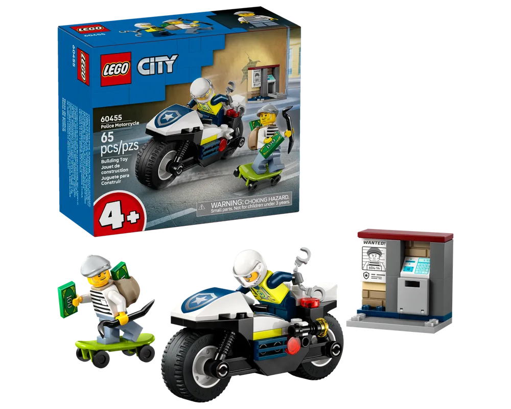 LEGO City 60455 Police Motorcycle set with a police officer on a motorcycle, a thief on a skateboard, and an ATM.