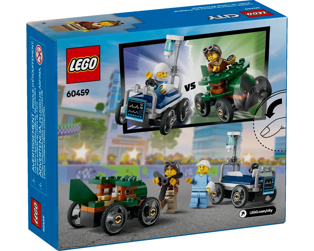 Back of LEGO City 60459 box: Airplane vs. Hospital Bed. Shows minifigures racing vehicles and individual builds.