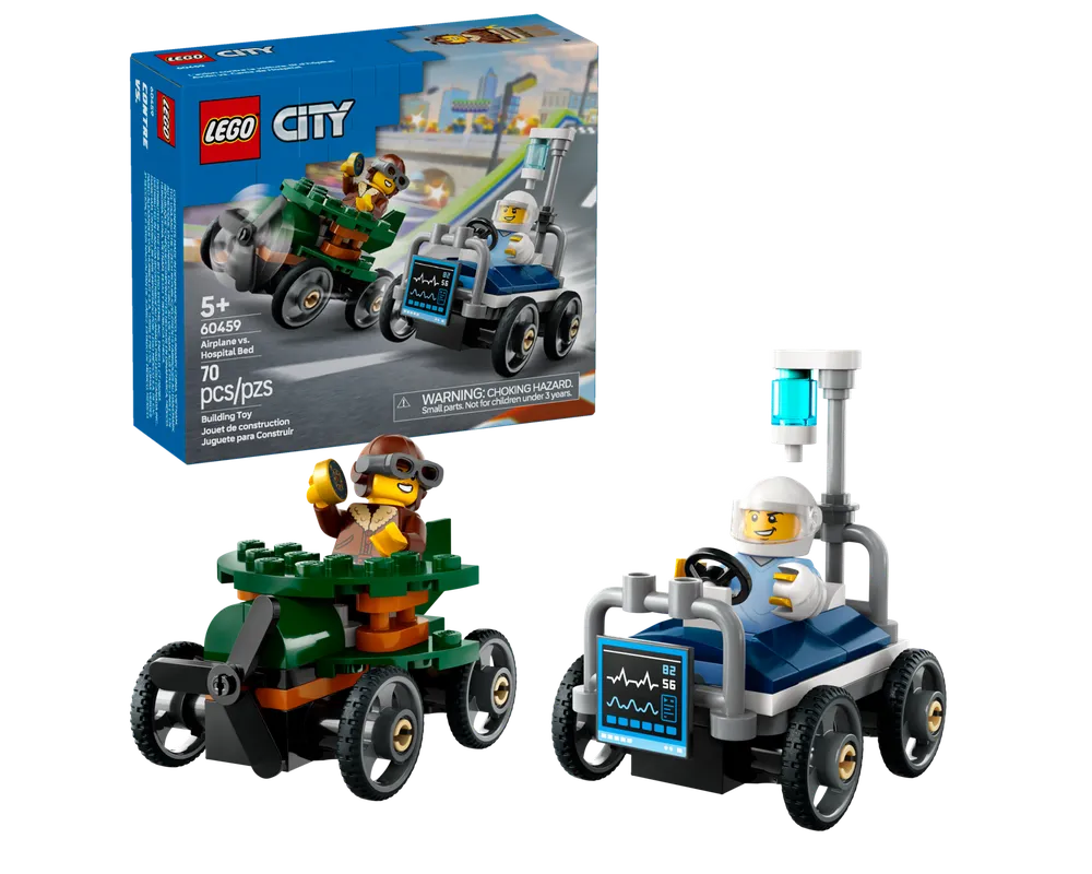 LEGO City 60459 box and built models: a pilot in a green airplane vehicle and a doctor in a blue hospital bed vehicle.