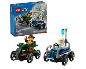 LEGO City 60459 box and built models: a pilot in a green airplane vehicle and a doctor in a blue hospital bed vehicle.