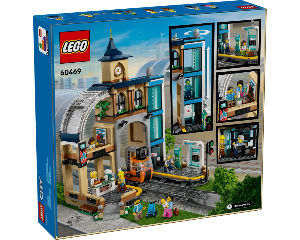 LEGO City 60469 Central Train Station box back, showing the station model with clock tower, train platform, cafe, mini-train, and minifigures.