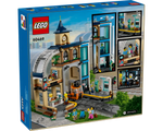 LEGO City 60469 Central Train Station box back, showing the station model with clock tower, train platform, cafe, mini-train, and minifigures.