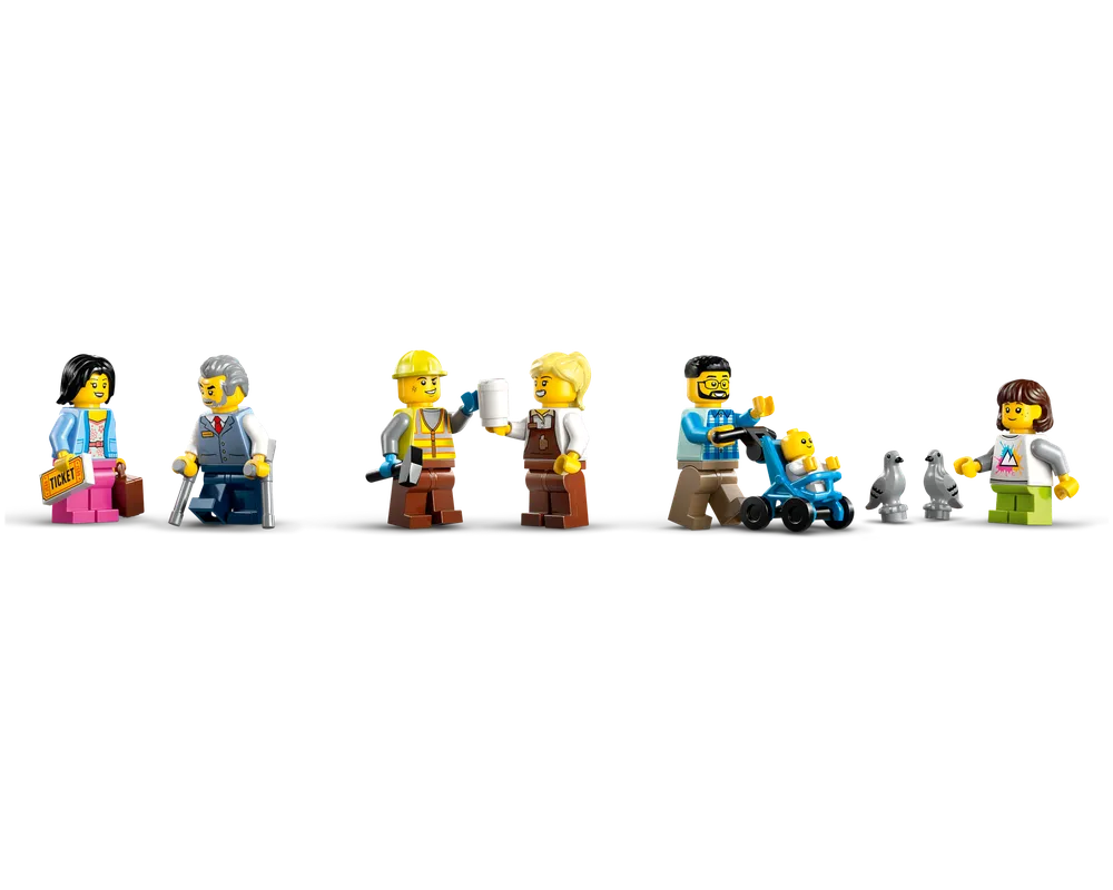 LEGO City 60469 minifigures: woman with ticket and suitcase, man with crutches, builder, barista, father with stroller and baby, 2 pigeons, woman.