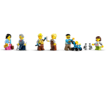 LEGO City 60469 minifigures: woman with ticket and suitcase, man with crutches, builder, barista, father with stroller and baby, 2 pigeons, woman.
