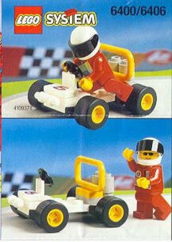LEGO City 6400/6406 Go-Kart set box art featuring a minifigure driving a white go-kart and standing beside it.