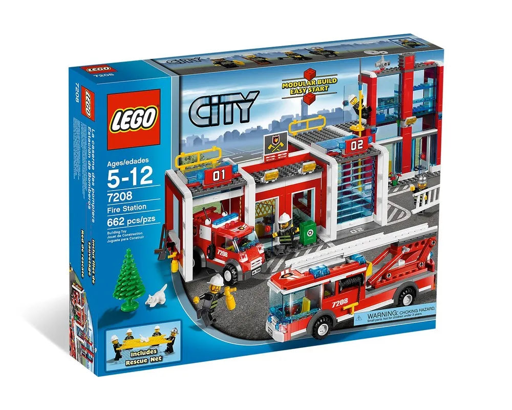 A boxed LEGO City 7208 Fire Station set. The image shows the fire station, a fire truck, a ladder truck, and minifigures.