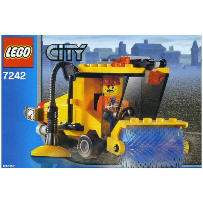 LEGO City 7242 Street Sweeper set with a yellow vehicle, blue rotating brushes, and a minifigure driver.