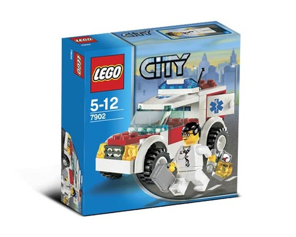 LEGO City 7902 Doctor's Car set box featuring a white, red, and blue vehicle with a doctor minifigure.