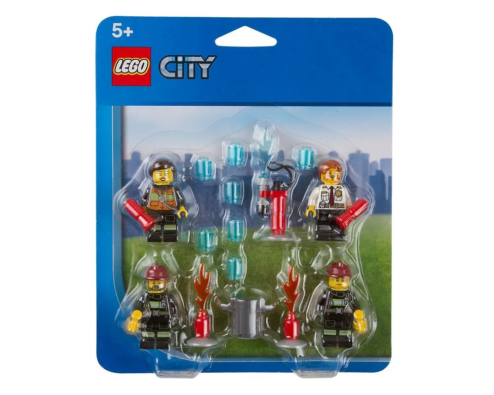 LEGO City Fire Accessory Set 850618 in blister pack with 4 minifigures, fire extinguisher, flames, and water elements.