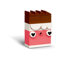 A LEGO brick build resembling a chocolate bar, with a brown top, white middle, and pink base with heart eyes.