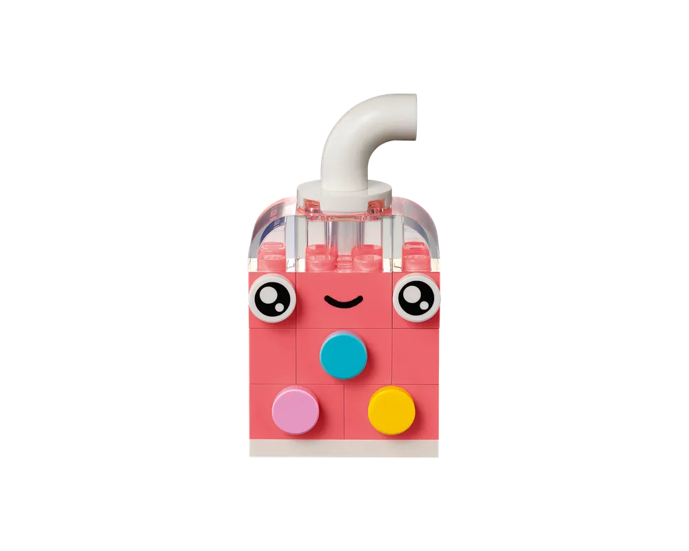A pink LEGO drink character with a white straw, a smiling face, and colorful round details.