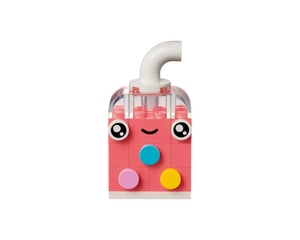 A pink LEGO drink character with a white straw, a smiling face, and colorful round details.