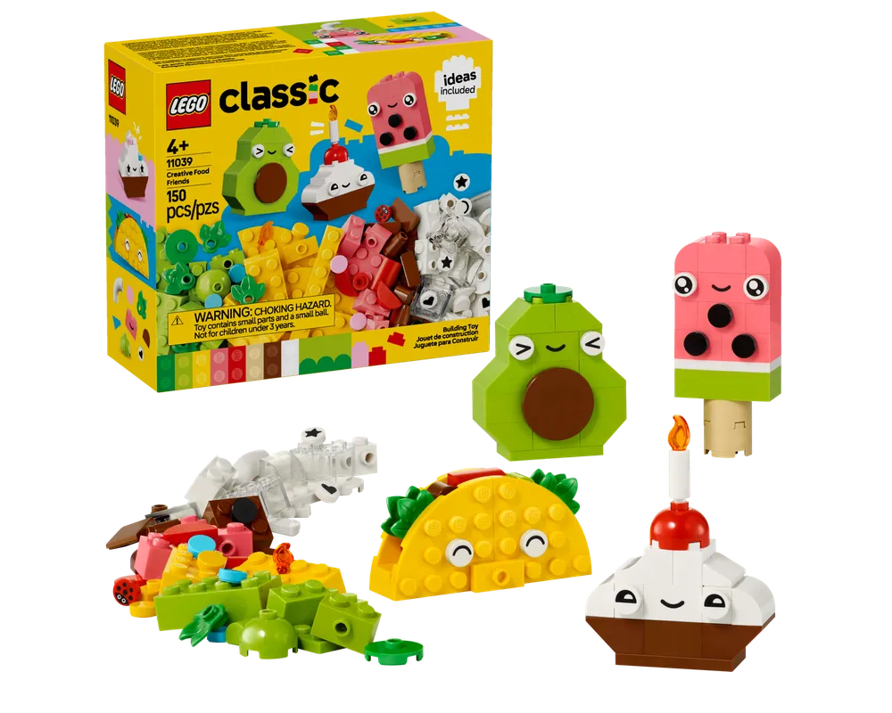 LEGO Classic 11039 Creative Food Friends set box with built avocado, watermelon popsicle, taco, cupcake, and loose bricks.
