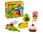 LEGO Classic 11039 Creative Food Friends set box with built avocado, watermelon popsicle, taco, cupcake, and loose bricks.