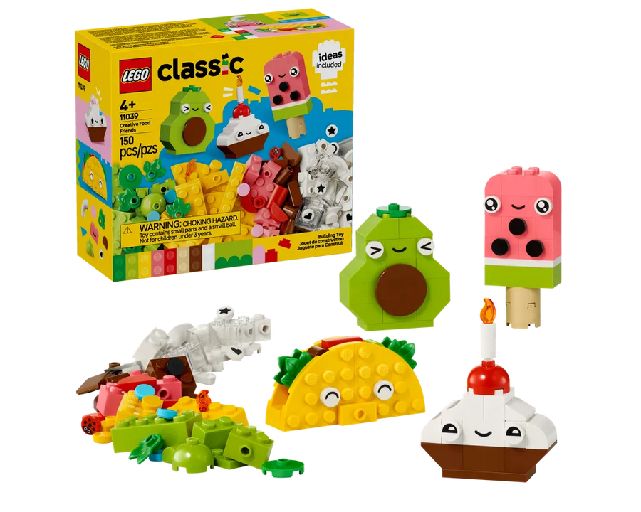 LEGO Classic 11039 Creative Food Friends set box with built avocado, watermelon popsicle, taco, cupcake, and loose bricks.