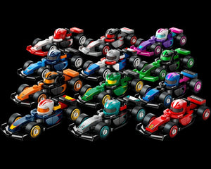 A complete series of 12 LEGO Collectible Minifigures 71049-2 F1 race cars, each a different color, on black.