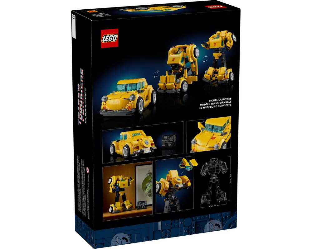 Back of LEGO Creator 10338 Bumblebee set box, featuring the yellow convertible robot model, its transformation, and specifications.