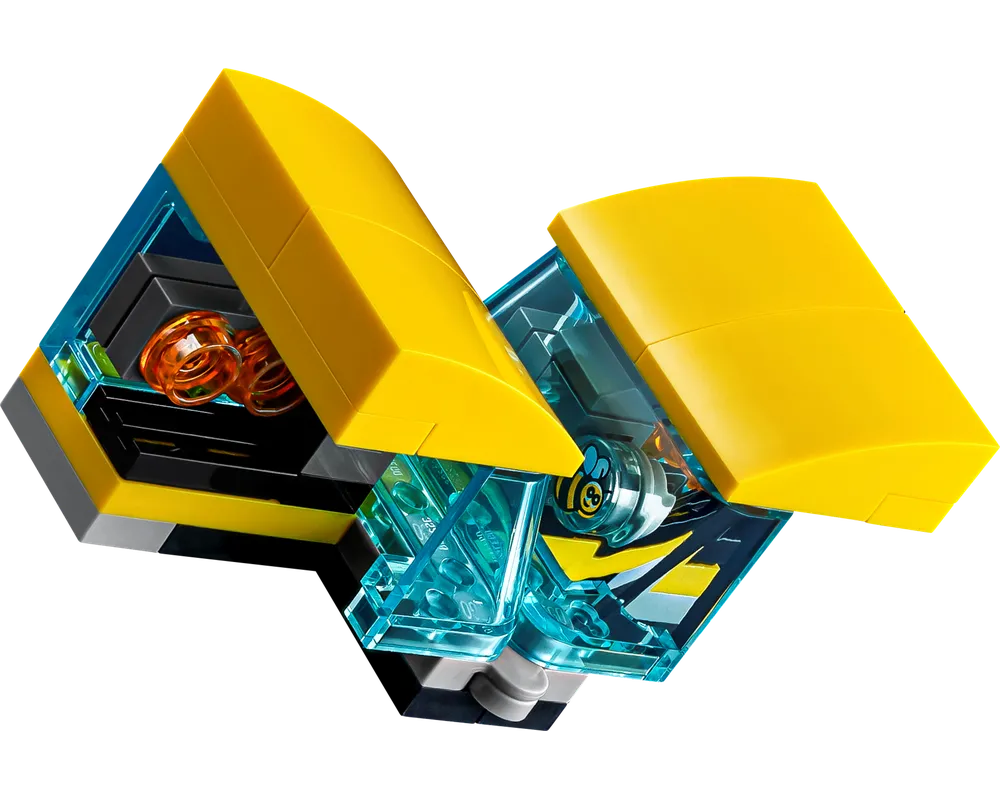 LEGO Creator 10338 Bumblebee model with yellow panels open, revealing translucent blue, black, and orange internal components.