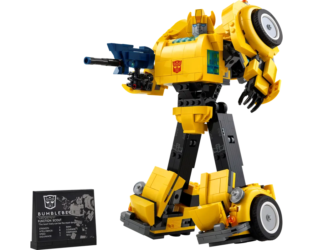 Yellow LEGO Bumblebee robot holding a blue blaster, standing next to a black display plaque with character stats.