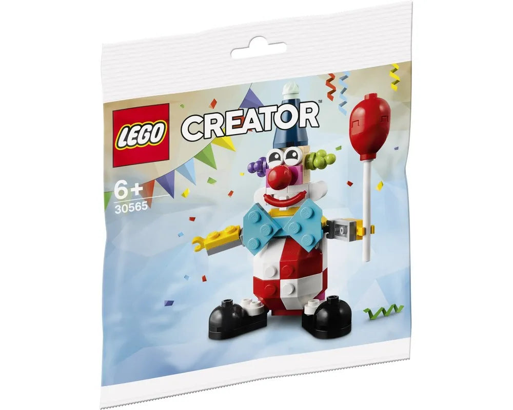LEGO Creator 30565 Birthday Clown polybag showing a brick-built clown holding a red balloon on a party background.