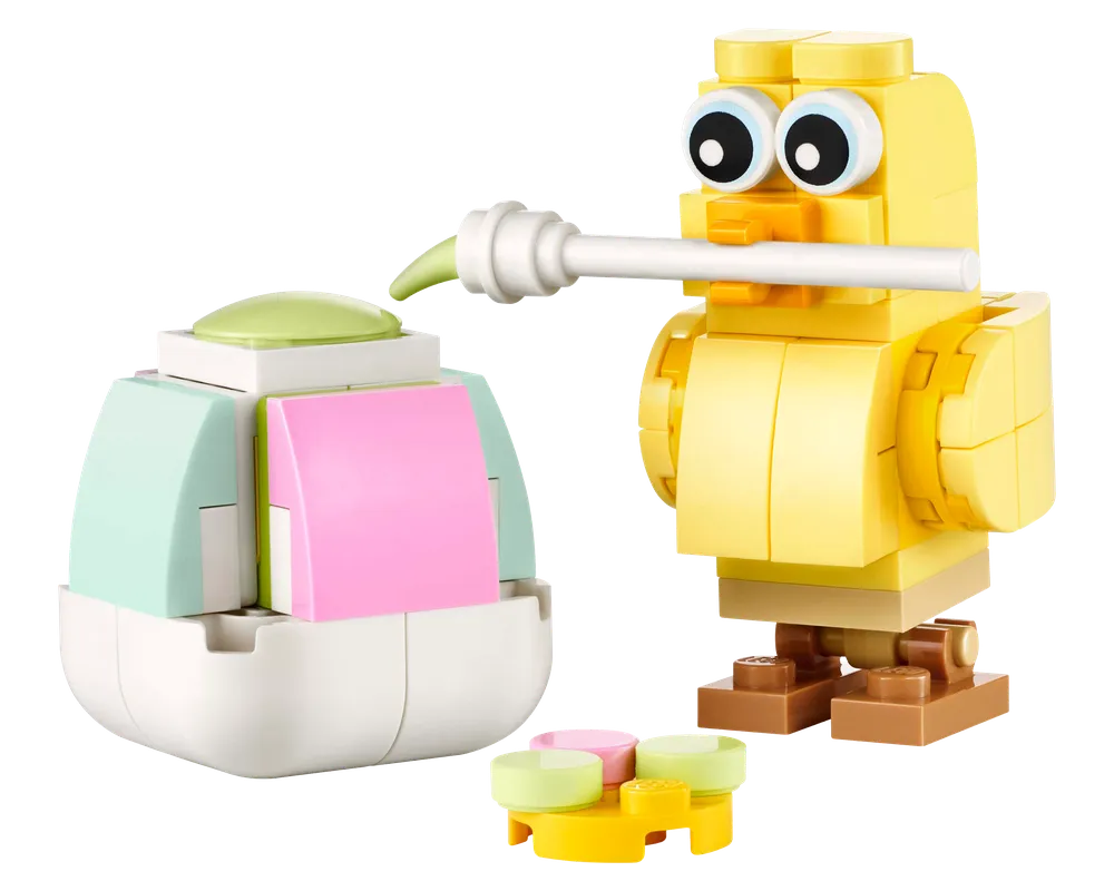 LEGO Creator 30690 set featuring a yellow chick painting a pastel Easter egg with a paintbrush and a palette.