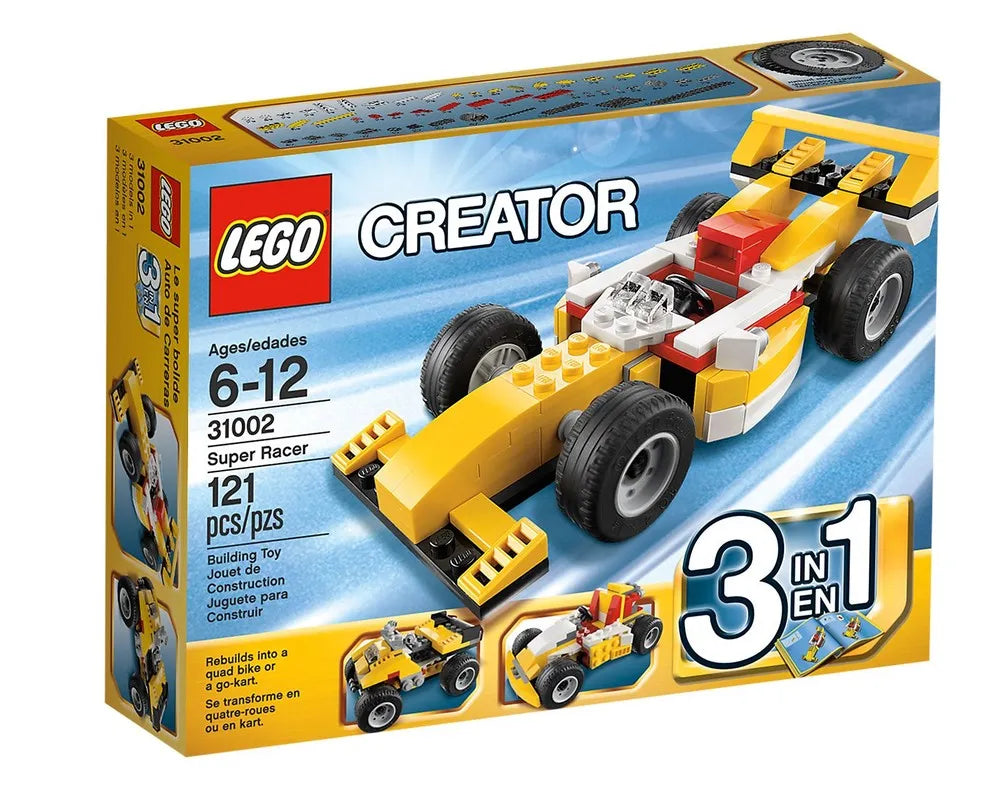 LEGO Creator 31002 Super Racer box showing a yellow and white race car, plus quad bike and go-kart alternate builds.
