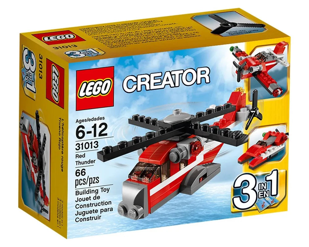 LEGO Creator 31013 Red Thunder box featuring a red and white helicopter, biplane, and boat models. 66 pieces, ages 6-12.