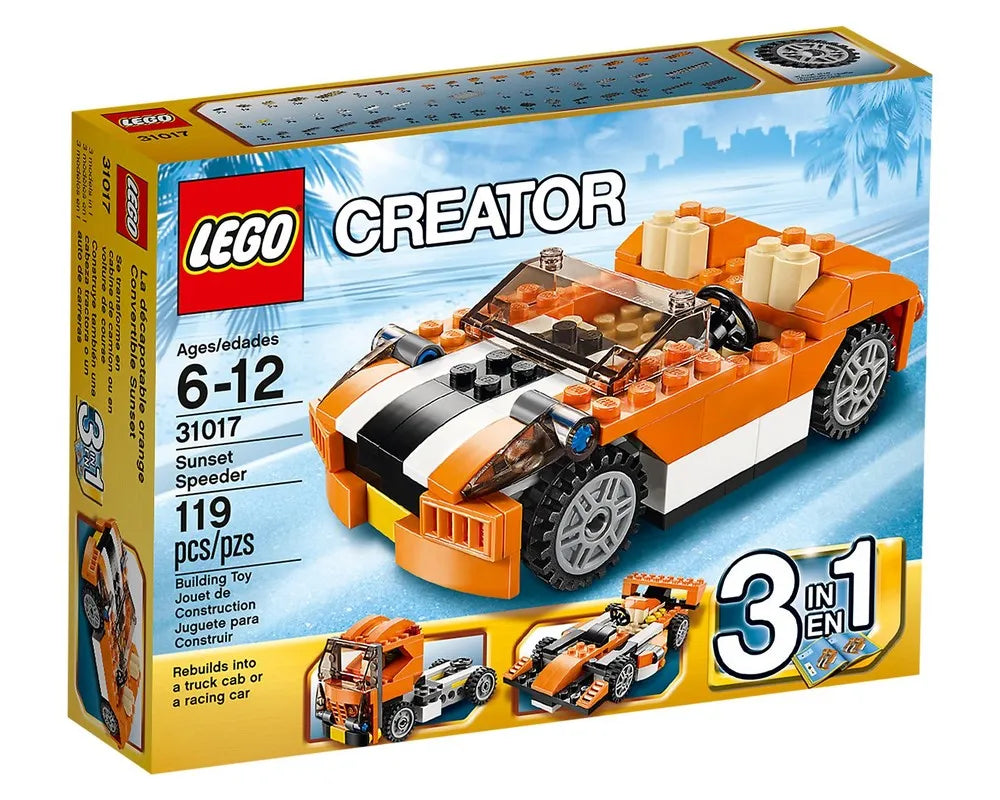 LEGO Creator 31017 Sunset Speeder box showing an orange convertible car, a truck cab, and a racing car models.