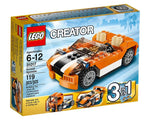 LEGO Creator 31017 Sunset Speeder box showing an orange convertible car, a truck cab, and a racing car models.