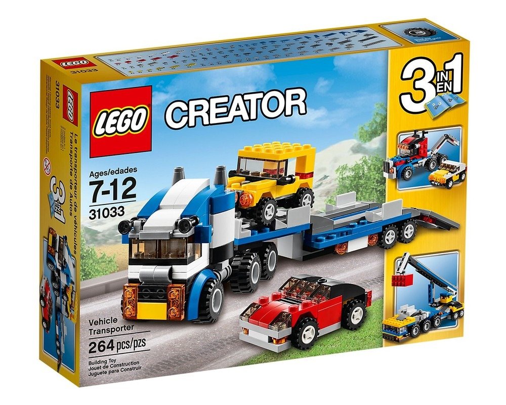 LEGO Creator 31033 box showing a blue and white vehicle transporter truck with a yellow jeep and red car, plus alternate builds.