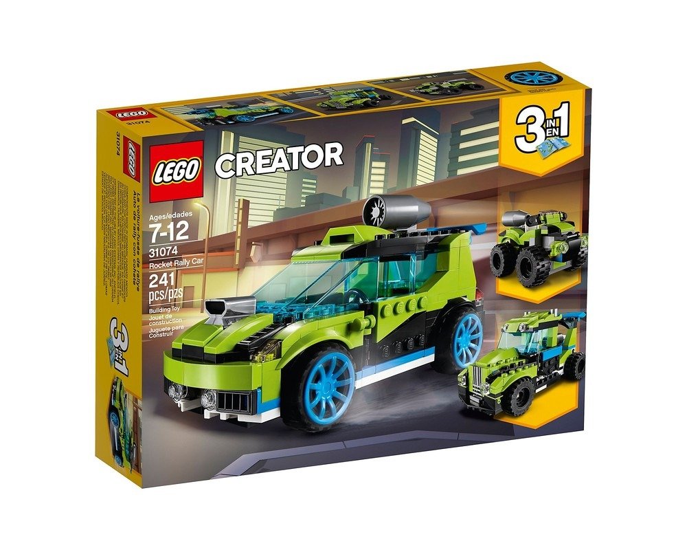 LEGO Creator 31074 Rocket Rally Car box with a green and black car with blue wheels and a jet engine on top, plus two alternate builds.