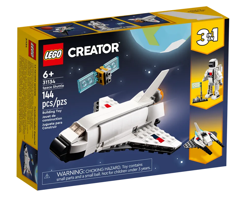 LEGO Creator 31134 Space Shuttle set box showing the main space shuttle, satellite, astronaut robot, and jet.