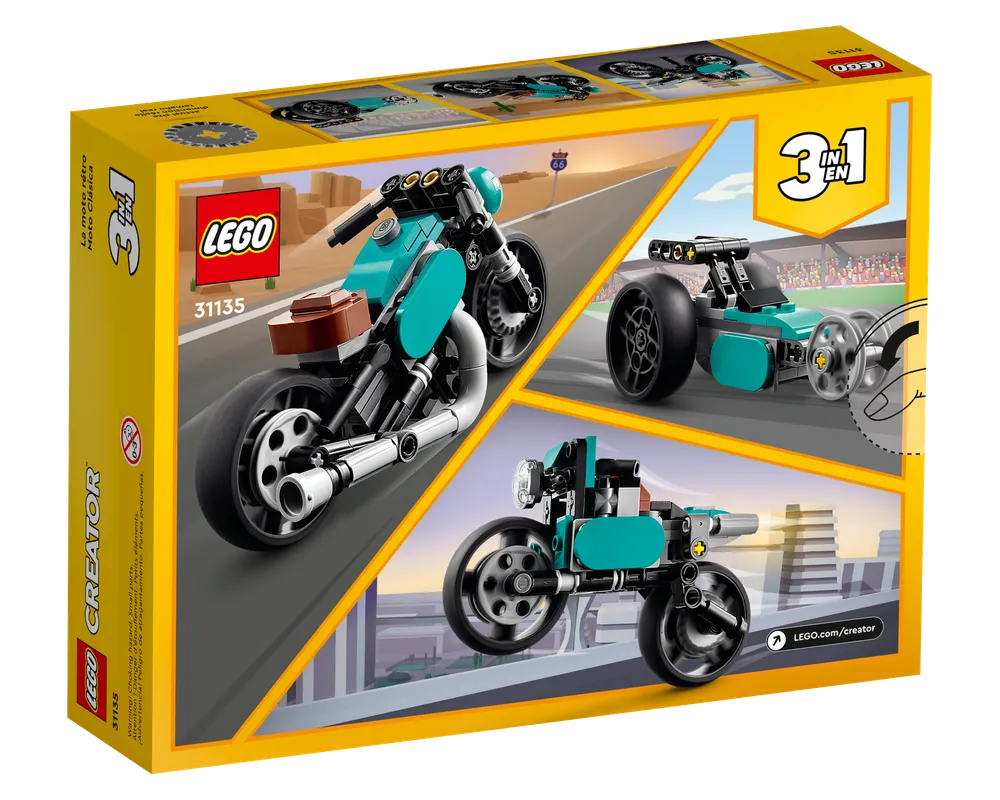 LEGO Creator 31135 Vintage Motorcycle box showing the main motorcycle build and two alternate models: a dragster and a chopper.