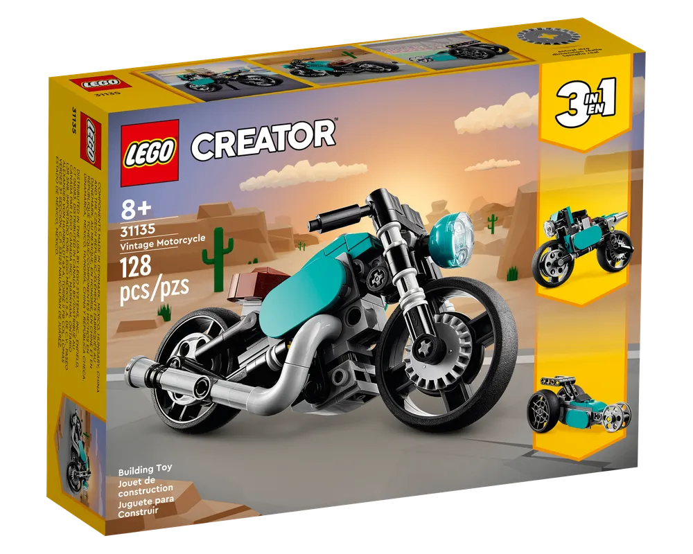 LEGO Creator 31135 Vintage Motorcycle box showing the main teal bike and two alternate builds against a desert background.