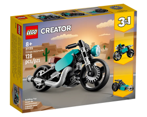 LEGO Creator 31135 Vintage Motorcycle box showing the main teal bike and two alternate builds against a desert background.