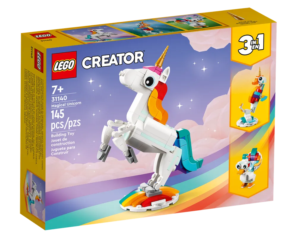 LEGO Creator 31140 Magical Unicorn box. Features the main white unicorn with rainbow colors, plus alternate seahorse and peacock builds.