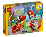Back of LEGO Creator 31145 Red Dragon 3-in-1 box showing dragon, fish, and parrot models against a landscape background.